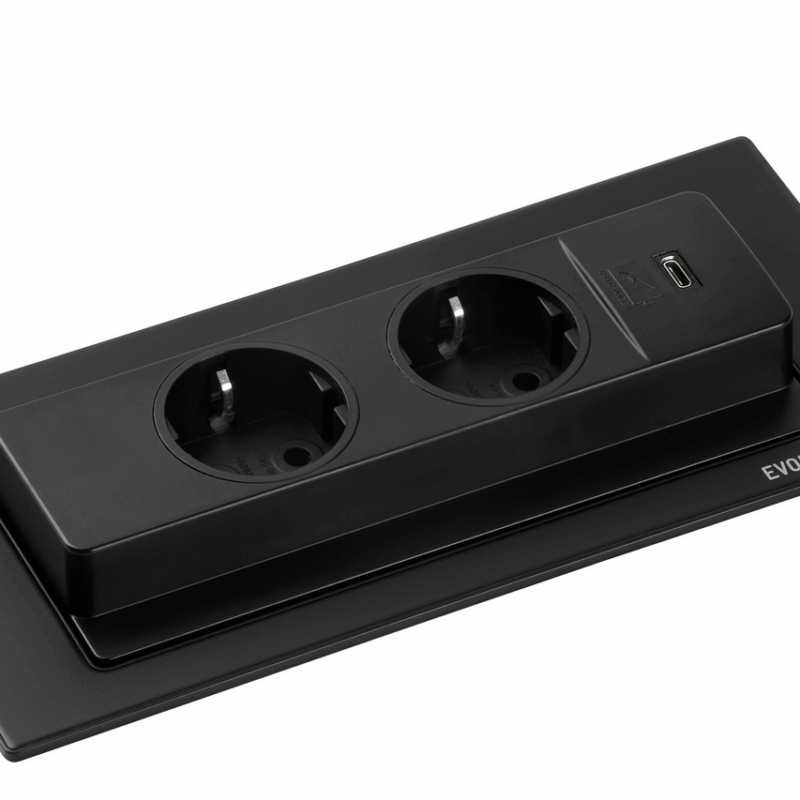 Evoline® BackFlip USB-C Einbausteckdose – 2-fach Schuko-Steckdose mit USB-C - schwarz lackiert